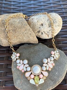 Gold-Tone Floral Statement Necklace with Pastel Pink, White & Green Stones
